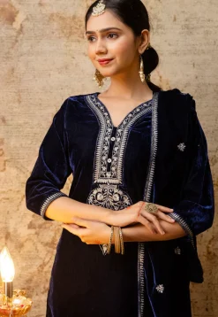 Embroidered Velvet Pakistani Suit in Navy Blue