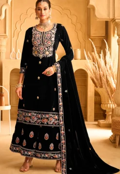 Embroidered Velvet Pakistani Suit in Black