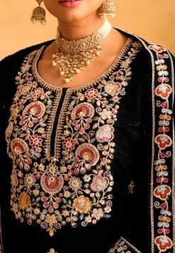 Embroidered Velvet Pakistani Suit in Black