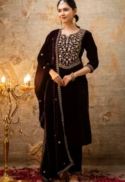 Embroidered Velvet Pakistani Suit in Purple
