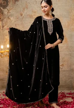 Embroidered Velvet Pakistani Suit in Black