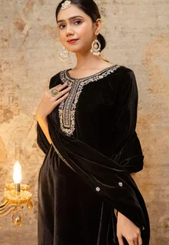 Embroidered Velvet Pakistani Suit in Black