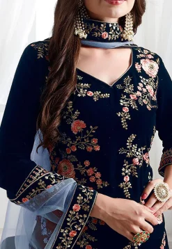 Embroidered Velvet Pakistani Suit in Navy Blue