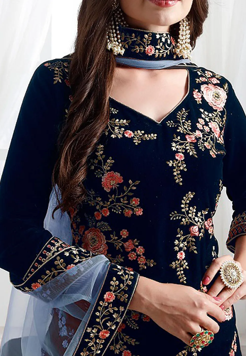 Embroidered Velvet Pakistani Suit in Navy Blue