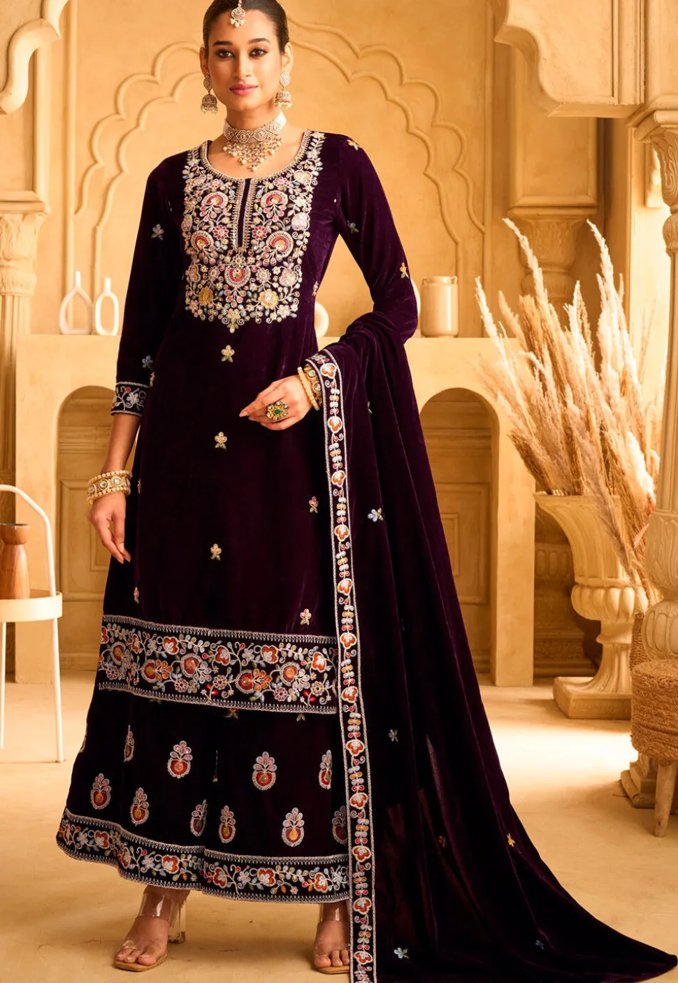 Embroidered Velvet Pakistani Suit in Purple