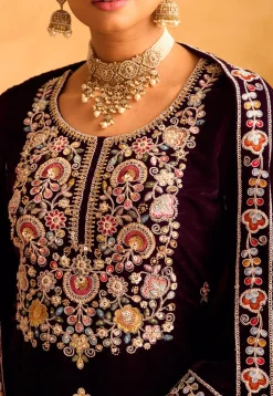 Embroidered Velvet Pakistani Suit in Purple