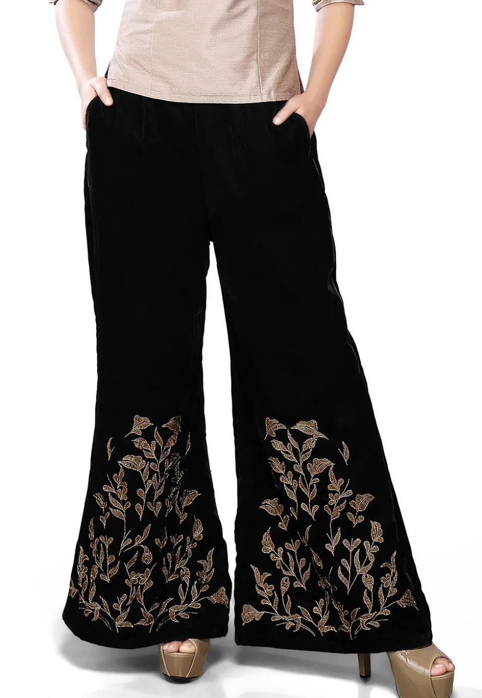 Embroidered Velvet Palazzo in Black