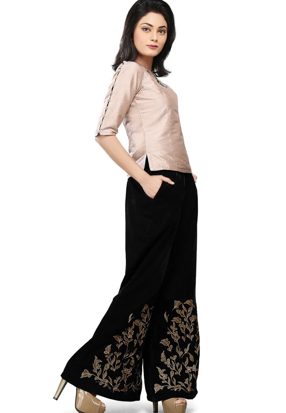 Embroidered Velvet Palazzo in Black