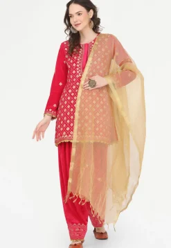 Embroidered Velvet Punjabi Suit in Fuchsia