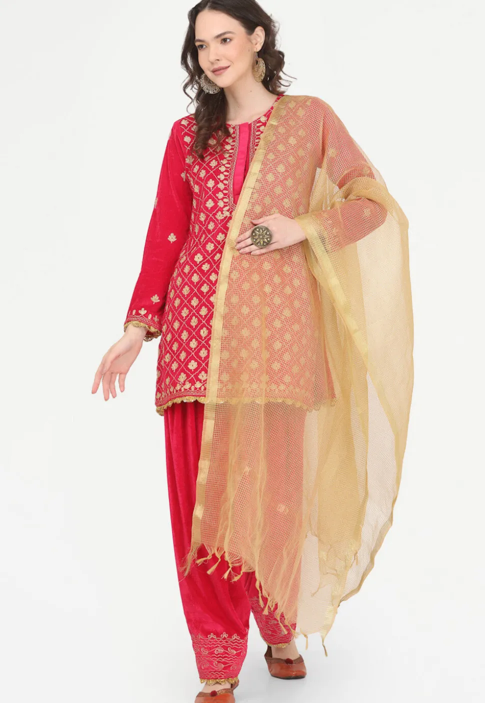 Embroidered Velvet Punjabi Suit in Fuchsia