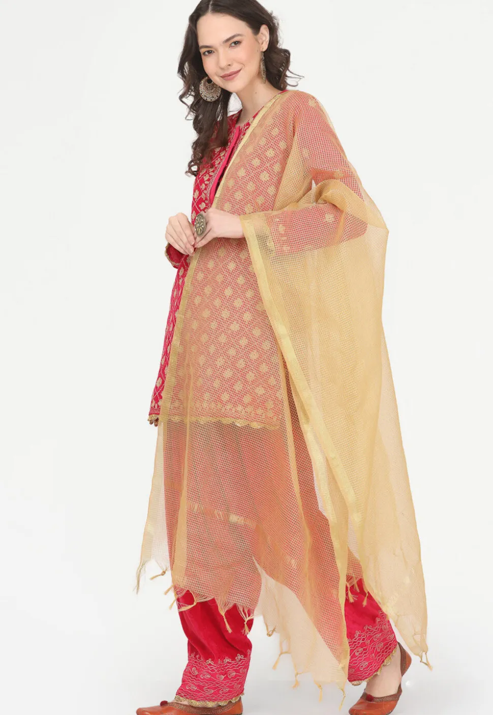 Embroidered Velvet Punjabi Suit in Fuchsia
