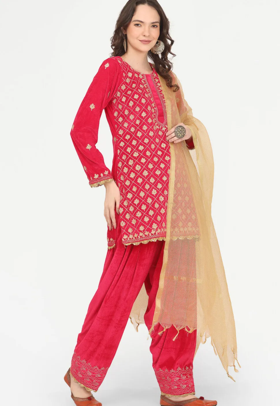 Embroidered Velvet Punjabi Suit in Fuchsia