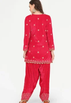 Embroidered Velvet Punjabi Suit in Fuchsia