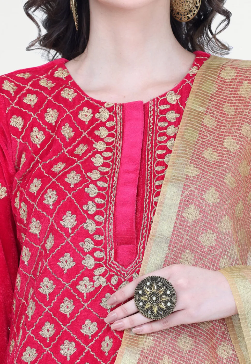 Embroidered Velvet Punjabi Suit in Fuchsia