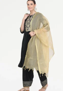 Embroidered Velvet Punjabi Suit in Black