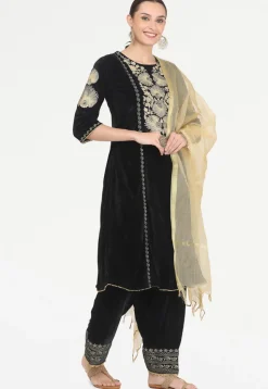 Embroidered Velvet Punjabi Suit in Black