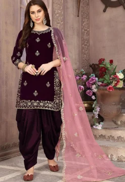 Embroidered Velvet Punjabi Suit in Wine