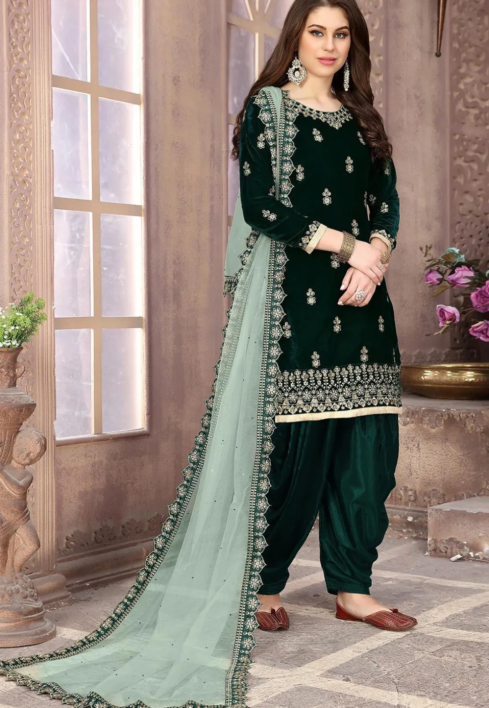 Embroidered Velvet Punjabi Suit in Dark Green
