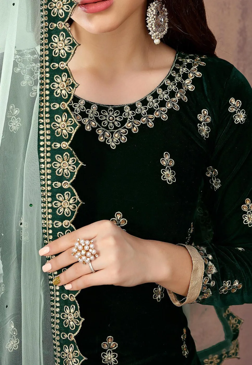 Embroidered Velvet Punjabi Suit in Dark Green