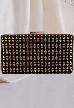 Embroidered Velvet Rectangular Clutch Bag in Black