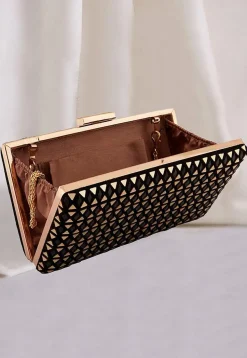 Embroidered Velvet Rectangular Clutch Bag in Black