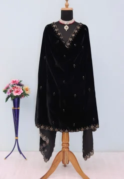 Embroidered Velvet Scalloped Dupatta in Black