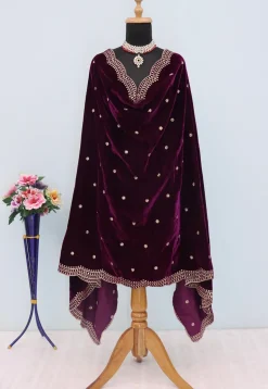 Embroidered Velvet Scalloped Dupatta in Purple