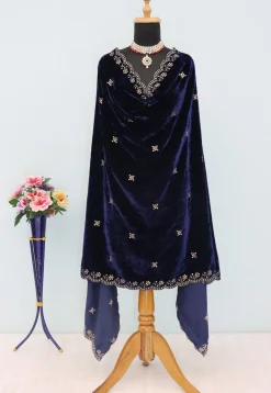 Embroidered Velvet Scalloped Dupatta in Navy Blue