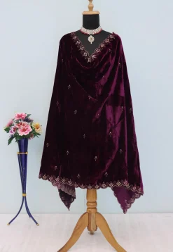 Embroidered Velvet Scalloped Dupatta in Purple