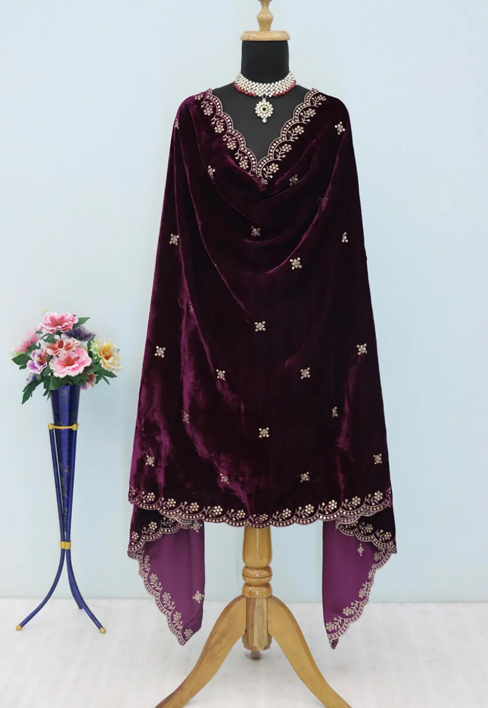 Embroidered Velvet Scalloped Dupatta in Purple