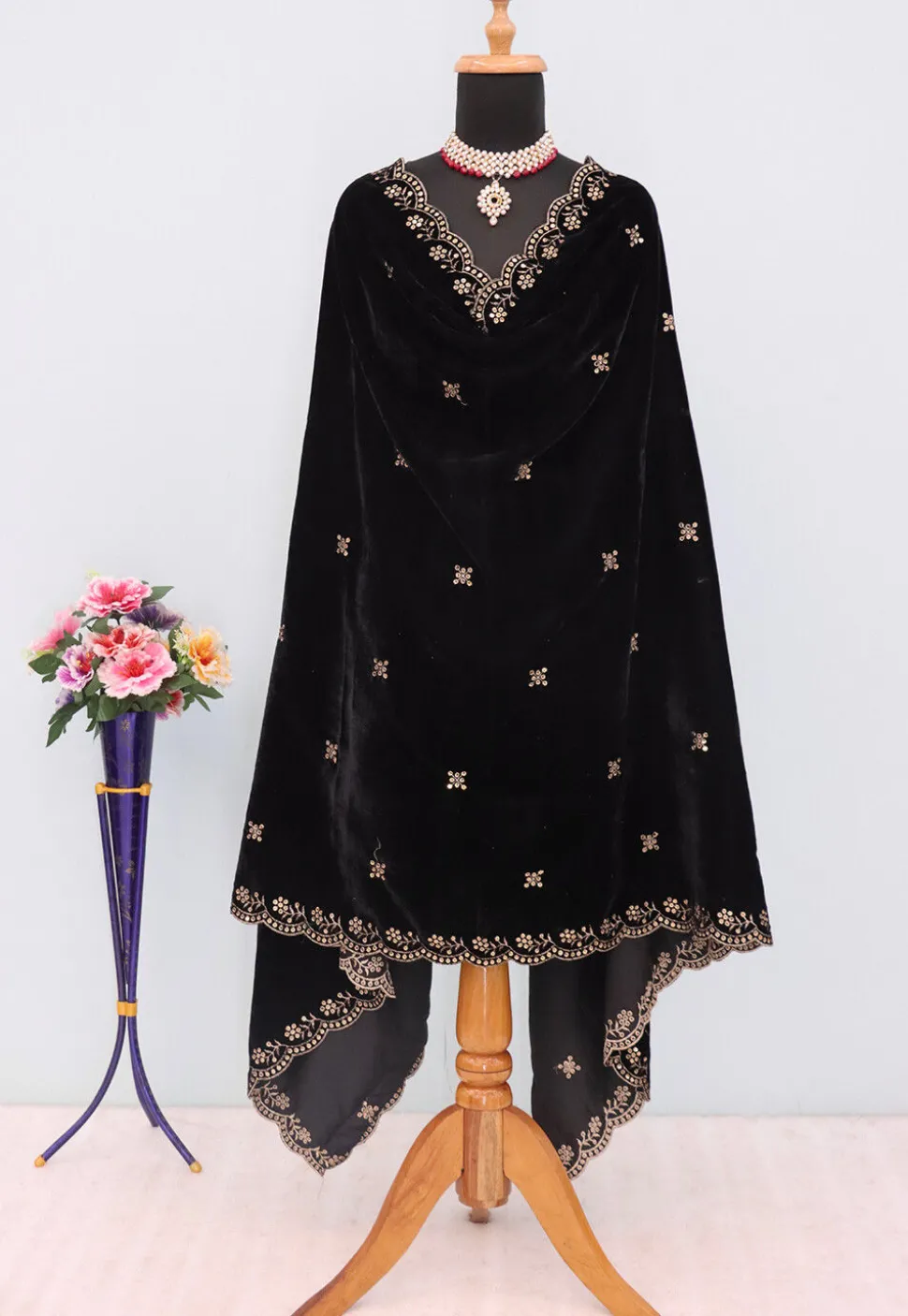 Embroidered Velvet Scalloped Dupatta in Black