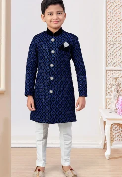 Embroidered Velvet Sherwani in Blue and Black