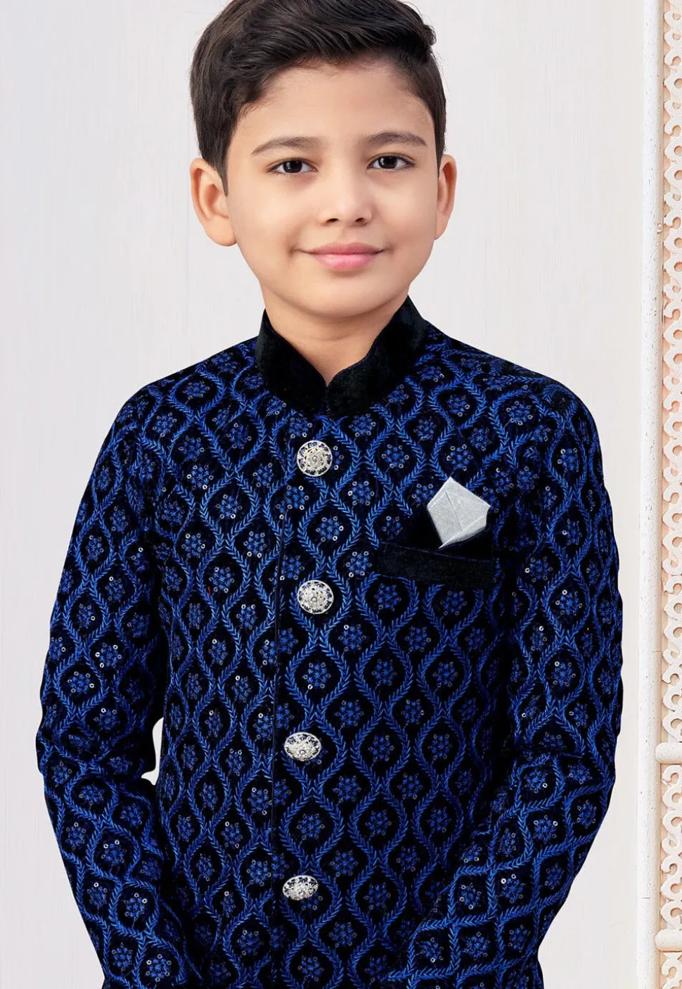 Embroidered Velvet Sherwani in Blue and Black