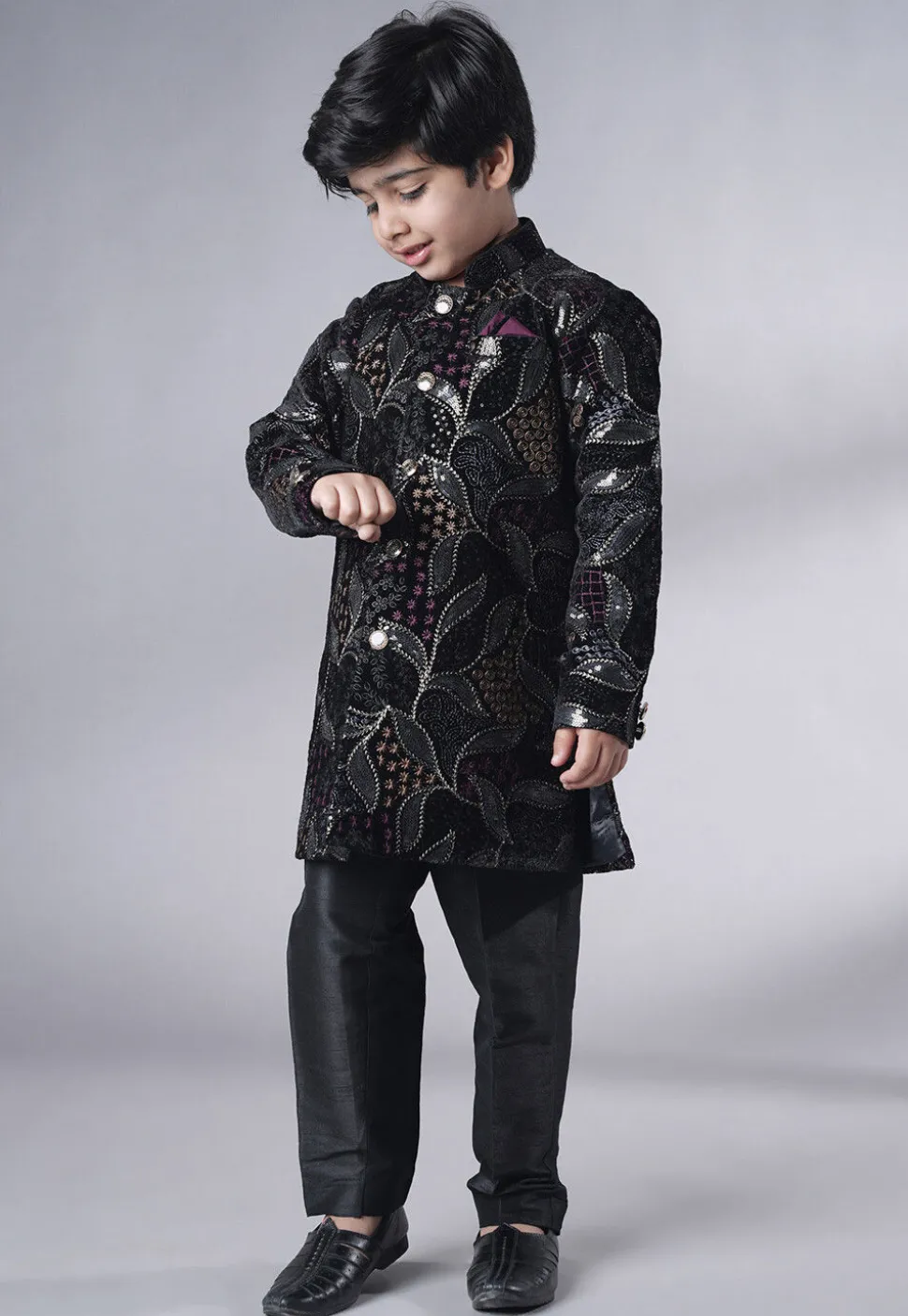 Embroidered Velvet Sherwani Set in Black