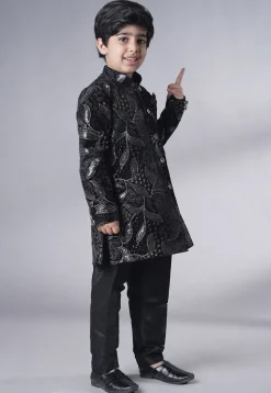 Embroidered Velvet Sherwani Set in Black