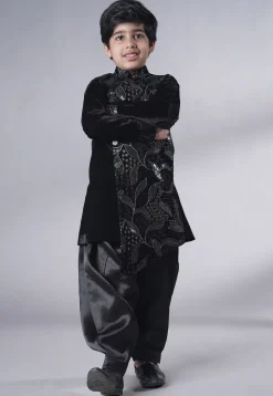 Embroidered Velvet Sherwani Set in Black