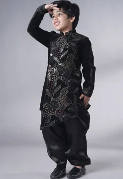 Embroidered Velvet Sherwani Set in Black