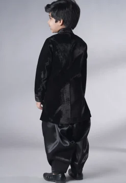 Embroidered Velvet Sherwani Set in Black