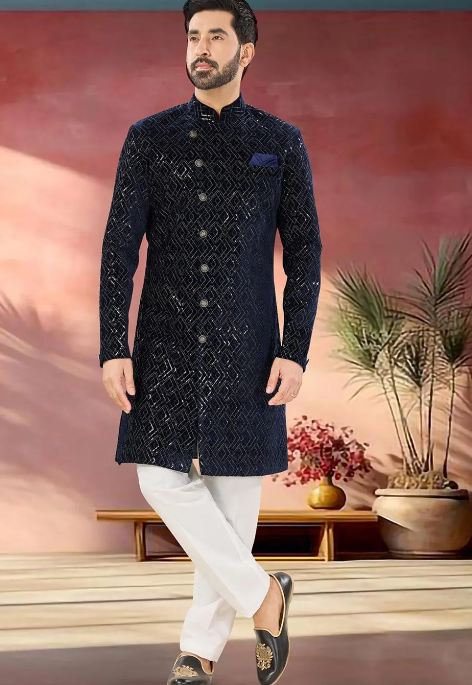 Embroidered Velvet Sherwani in Navy Blue