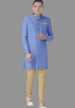 Embroidered Velvet Sherwani in Sky Blue