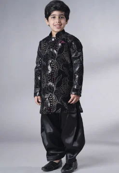 Embroidered Velvet Sherwani Set in Black