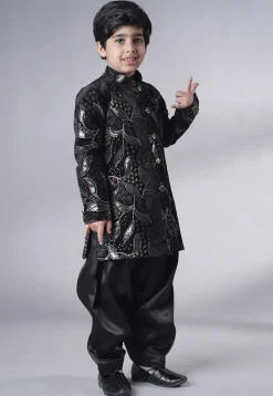 Embroidered Velvet Sherwani Set in Black