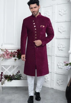 Embroidered Velvet Sherwani in Magenta