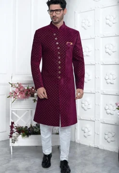 Embroidered Velvet Sherwani in Magenta