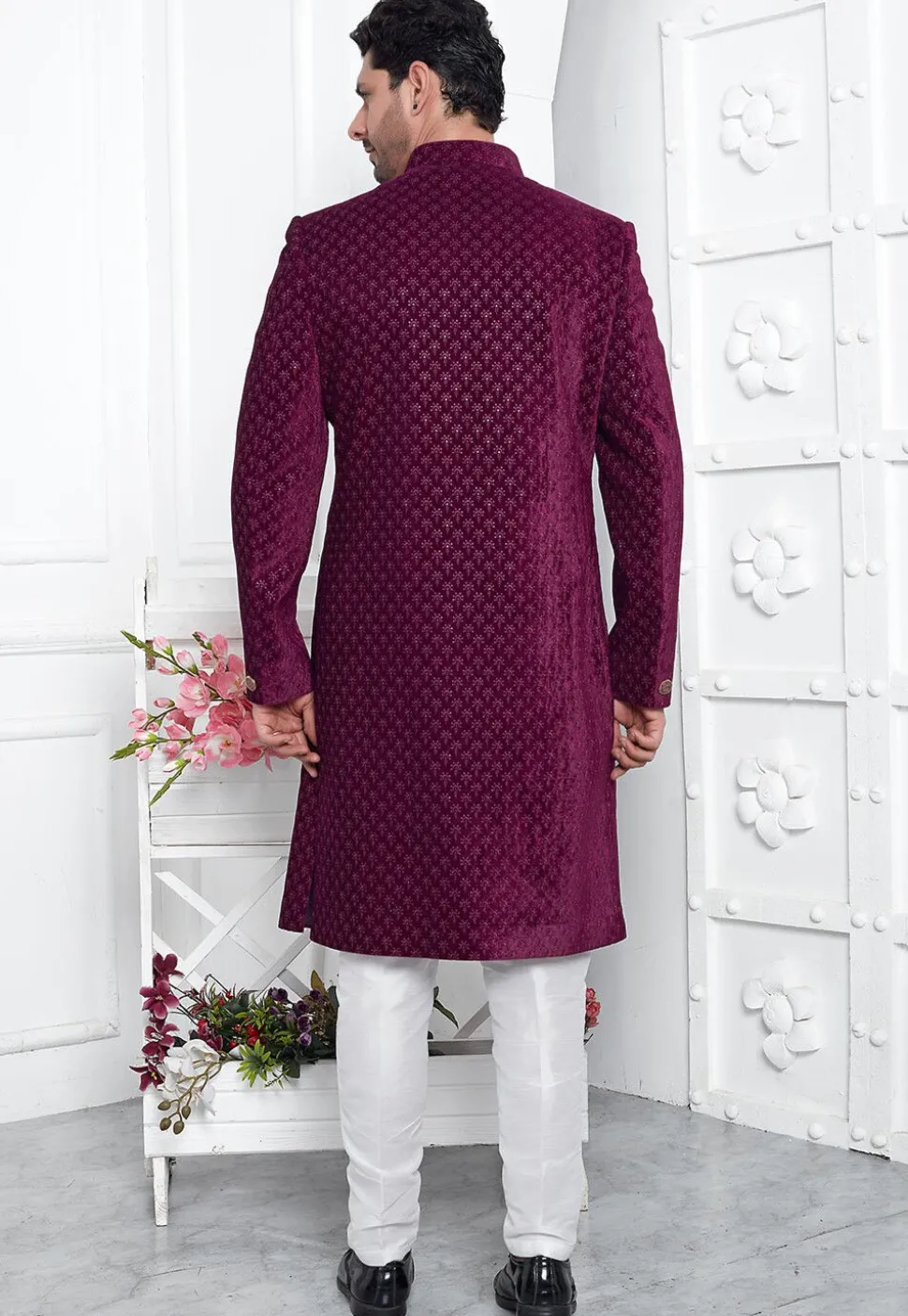 Embroidered Velvet Sherwani in Magenta
