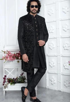 Embroidered Velvet Sherwani in Black