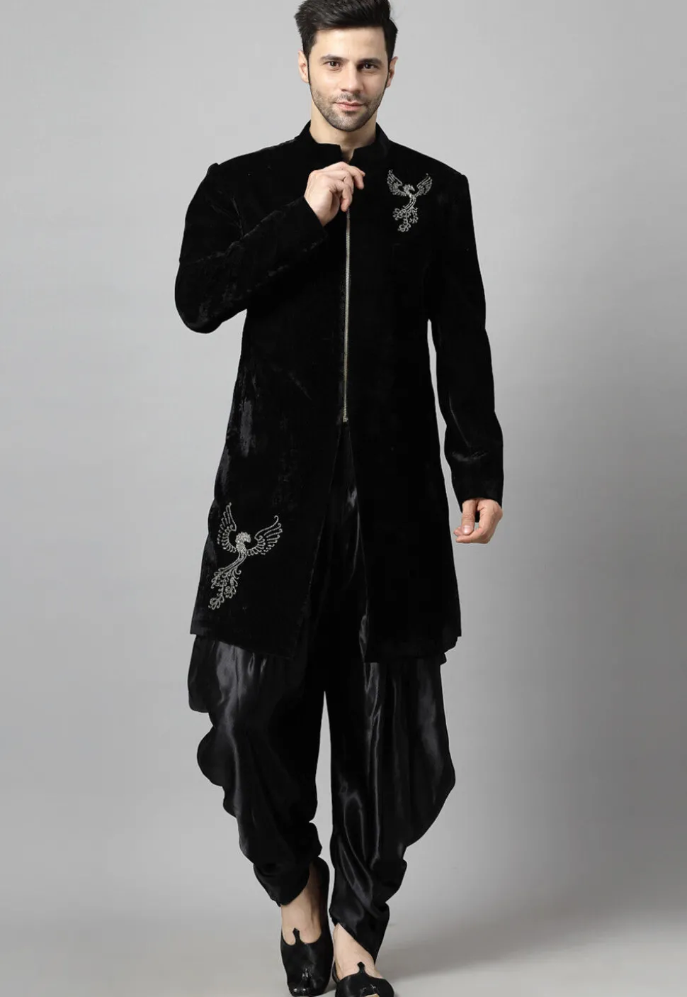 Embroidered Velvet Sherwani in Black