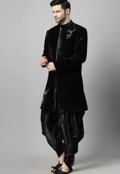 Embroidered Velvet Sherwani in Black