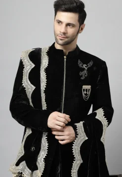 Embroidered Velvet Sherwani in Black