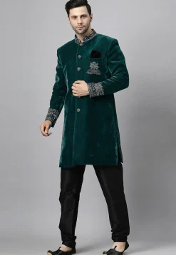 Embroidered Velvet Sherwani in Dark Teal Green